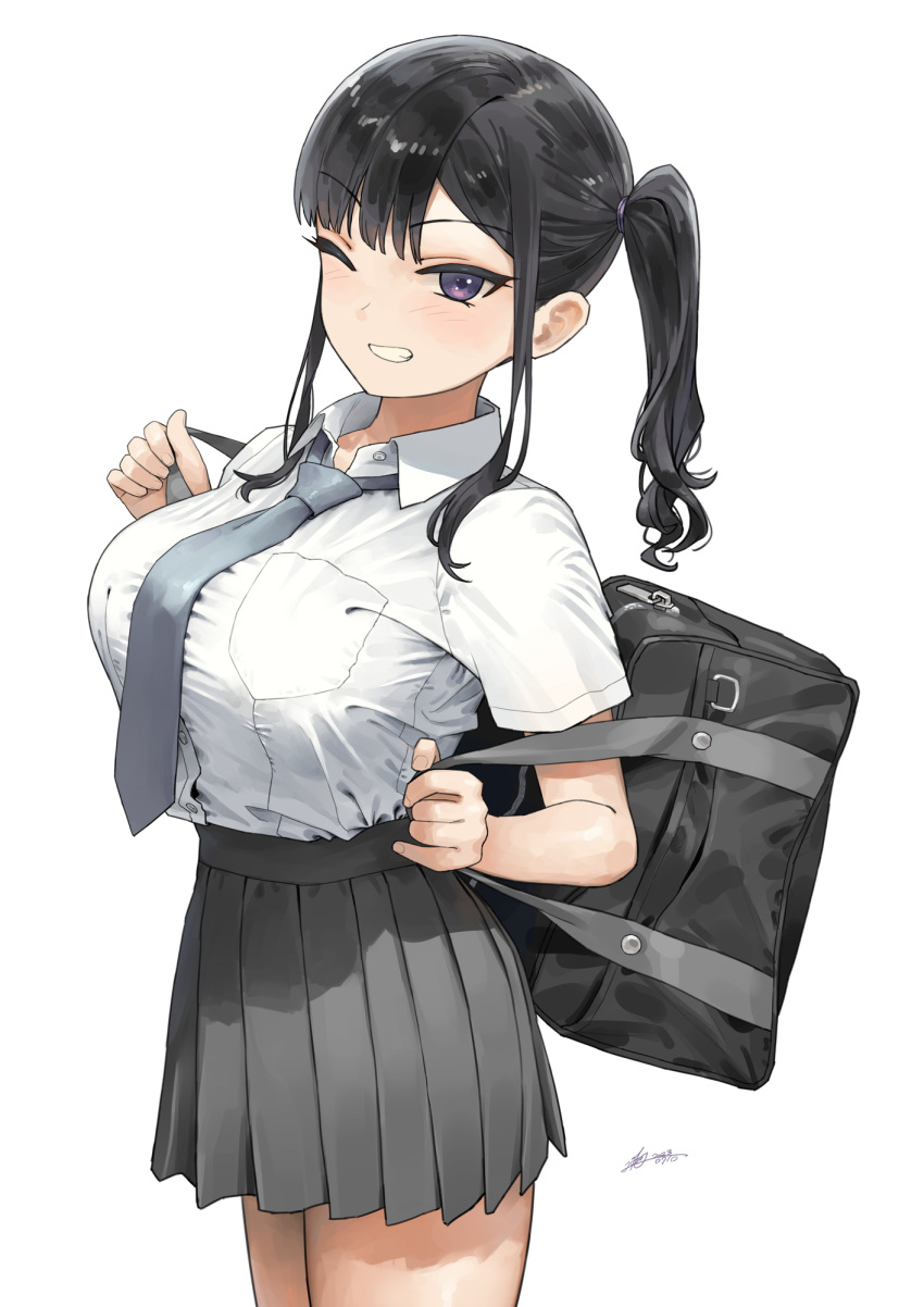 artist_name bag bangs black_bag black_hair black_skirt blue_necktie blush breast_pocket breasts collared_shirt cowboy_shot dress_shirt female from_side grey_skirt grin hair_tie hand_up holding_strap kaedeko_(kaedelic) large_breasts long_hair looking_at_viewer miniskirt miyuki_sasaki_(kaedeko) necktie one_eye_closed original pleated_skirt pocket purple_eyes school_bag school_uniform shirt shirt_tucked_in short_sleeves shoulder_bag side_ponytail sidelocks simple_background skirt smile solo standing swept_bangs taut_clothes tented_shirt thighs wavy_hair white_background white_shirt wing_collar