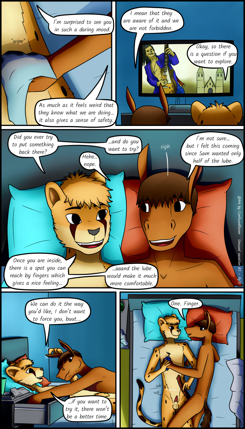 4:7 absurd_res anthro bedroom cheetah comic confusedraven cuddling dialogue duo english_text equid equine erection felid feline hi_res horse lube male male/male mammal night teenager text young