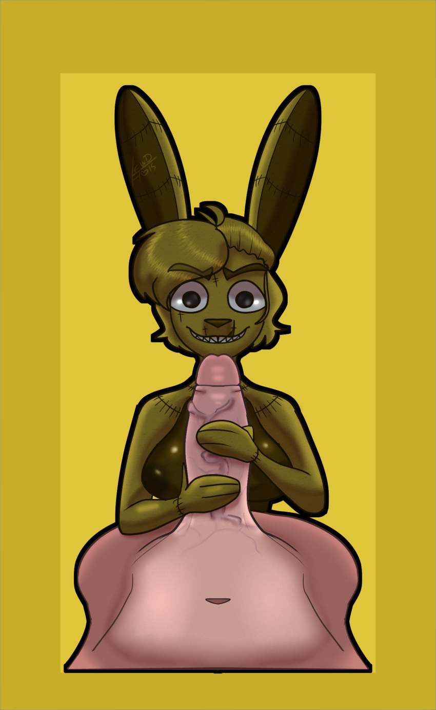 ahoge anthro areola black_eyes breasts brown_areola brown_body brown_fur brown_nipples duo eyebrow_through_hair eyebrows female first_person_view five_nights_at_freddy's five_nights_at_freddy's_4 fur genitals green_body green_fur green_hair hair handjob hi_res human lagomorph leporid lewdabis light-skinned_male looking_at_viewer male male/female mammal nipples penile penis plushtrap plushtrap_(fnaf) pov_handjob rabbit rule_63 scottgames seam_(sewing) sex simple_background size_difference smaller_female smile stitch_(sewing) translucent translucent_hair vein veiny_penis yellow_background