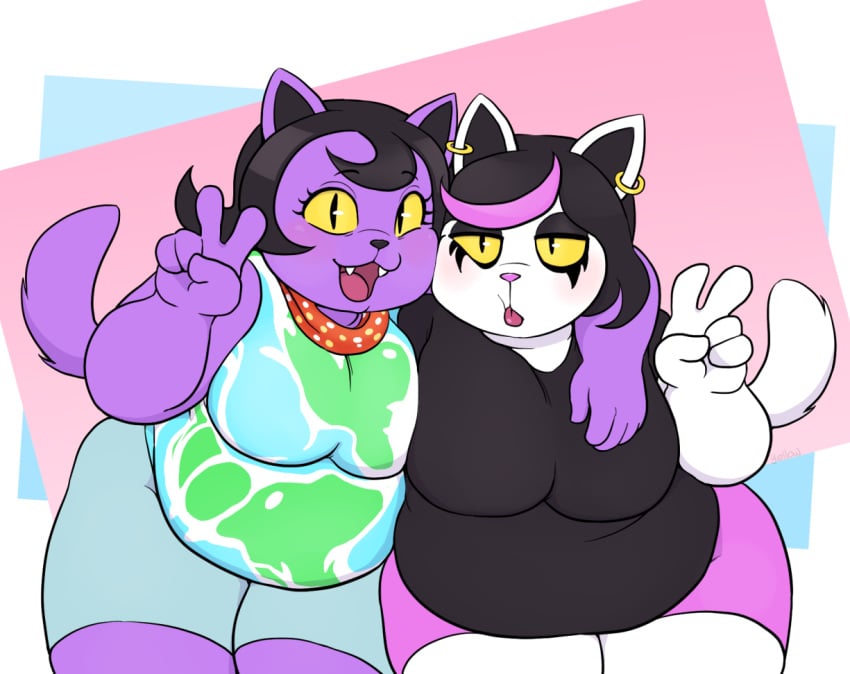 2010s 2018 2girls anthro anthro_only arm_around_shoulder arm_over_shoulder blep breasts cat cat_paws catti_(deltarune) catty_(undertale) chubby chubby_anthro chubby_female clothed deltarune domestic_cat duo earring earrings felid feline felis female_only furry furry_female furry_only open_mouth overweight overweight_anthro overweight_female purple_body purple_fur sfw sisters slit_pupils tail tongue_out undertale undertale_(series) v v_sign white_body white_fur yellow_sclera yellowhellion