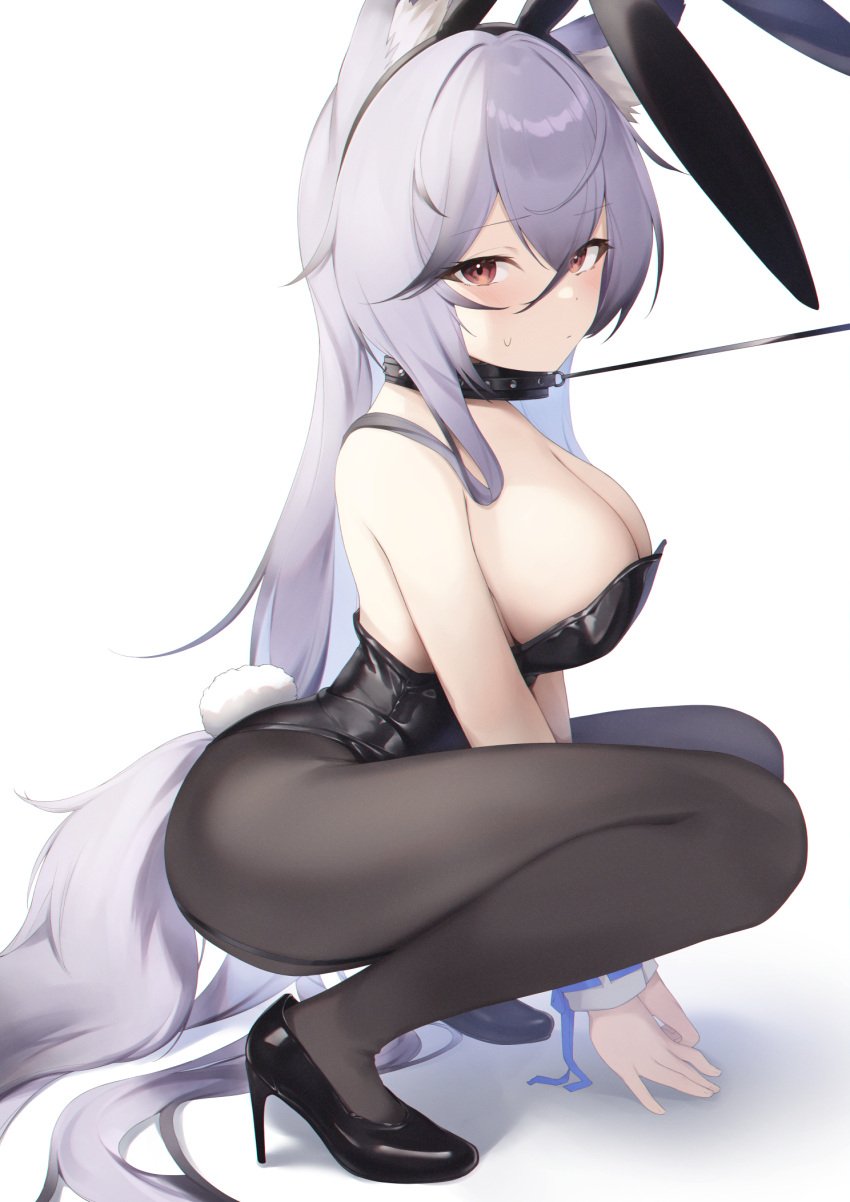 1girls 2023 absurd_res animal_ear_fluff animal_ears bare_shoulders black_leotard blush breasts bunny_ears bunny_girl bunny_tail bunnysuit cleavage clothing collar dabuki eyebrows_visible_through_hair fake_animal_ears fake_tail female female_only fox_ears fox_girl fox_tail full_body high_heels highres large_breasts leash leotard long_hair looking_at_viewer looking_to_the_side original pantyhose purple_hair red_eyes side_view simple_background solo squatting strapless strapless_leotard sweat sweatdrop tail tail_through_clothes thighs very_long_hair white_background wrist_cuffs