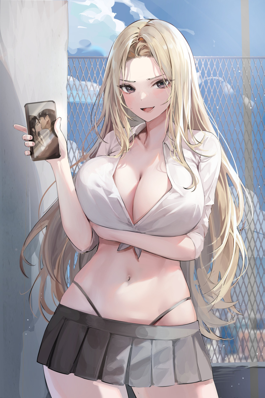 1girls 2023 absurd_res blackmail blonde_hair breast_hold breasts brown_eyes chain-link_fence cleavage female female_only fence french_kiss fully_clothed gyaru highres holding_phone kissing large_breasts lillly long_hair looking_at_viewer microskirt midriff miniskirt no_bra open_mouth original outdoors phone pleated_skirt revealing_clothes rooftop school school_uniform shirt skirt sky smartphone smile solo standing thong tied_shirt tongue uniform very_long_hair white_shirt