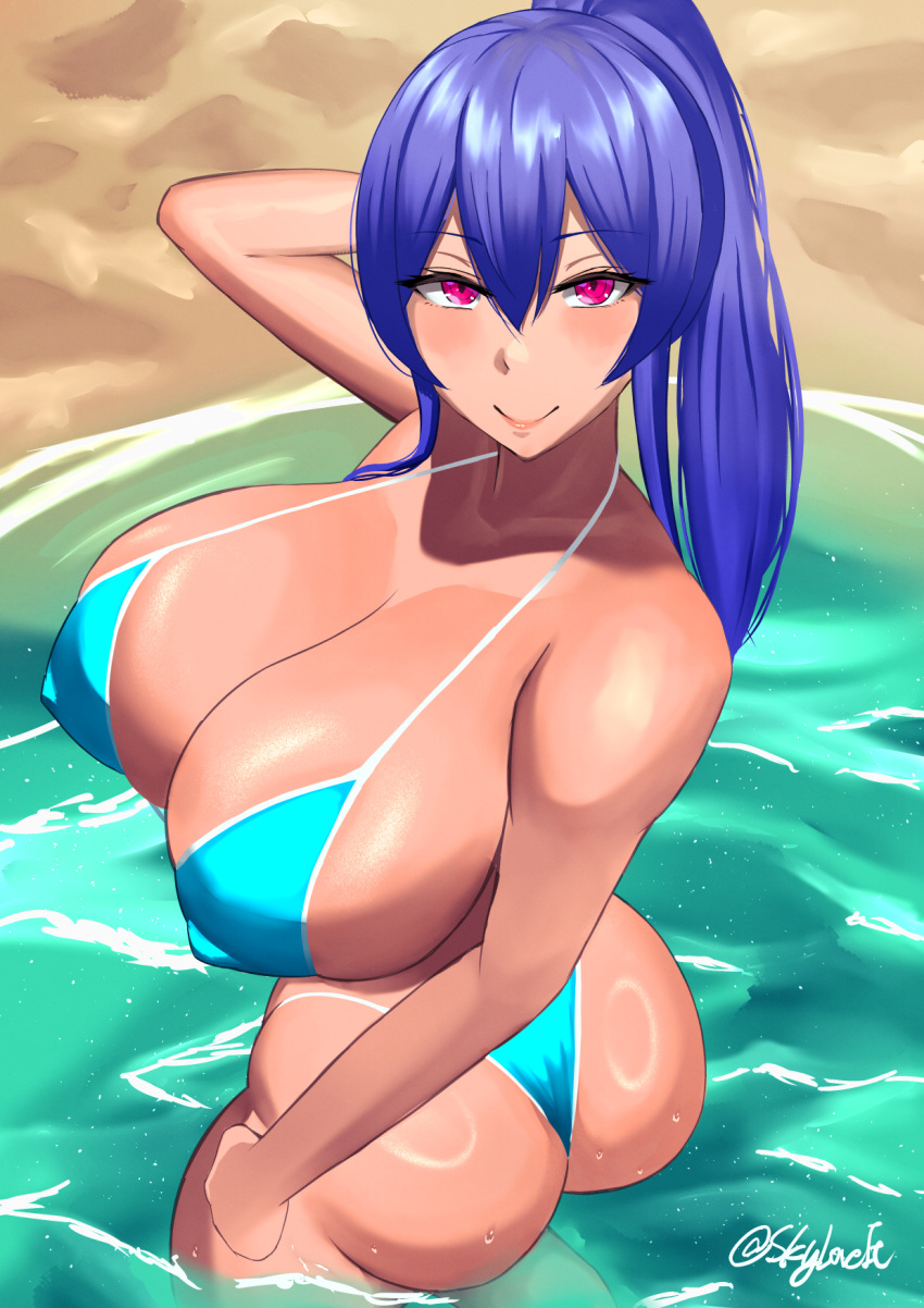 1girls ass ass big_breasts bikini blue_hair breasts breasts busty curvaceous curvy curvy_body curvy_female curvy_figure female huge_breasts large_breasts original original_character ponytail red_eyes skyloveit voluptuous