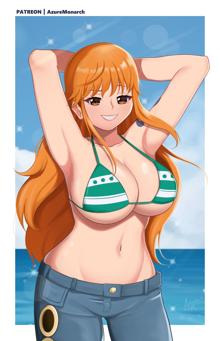 azure_monarch bikini breasts female female_only jeans long_hair nami one_piece orange_hair post-timeskip solo striped_bikini