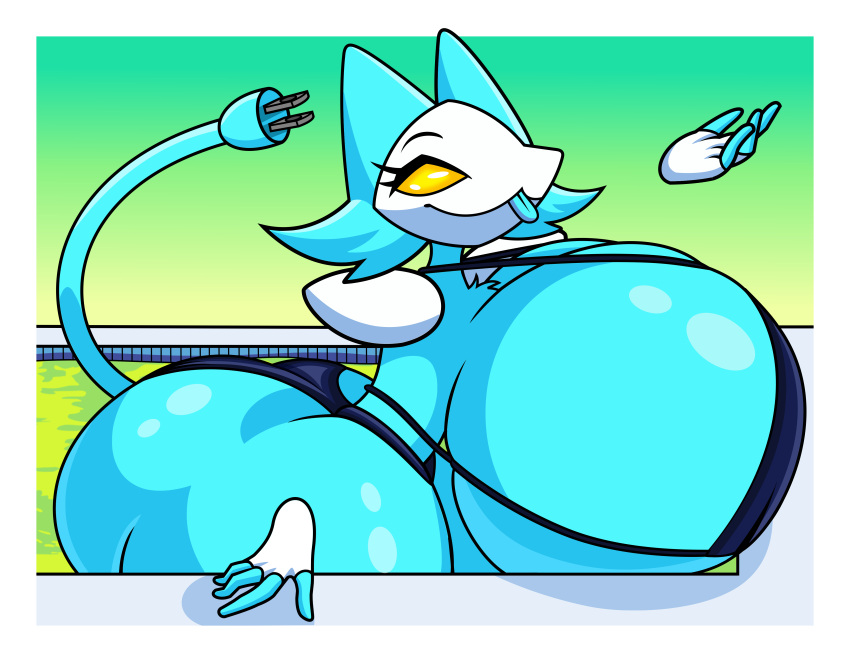 ass_bigger_than_head barely_clothed big_ass big_breasts bikini blue_body blue_fur breasts_bigger_than_head deltarune female female_focus female_only hyper_ass hyper_breasts image pool robot robot_girl solo solo_female sticking_out_tongue swimming_pool swimsuit swimwear tasque_manager_(deltarune) toby_fox yellow_eyes ymosanon