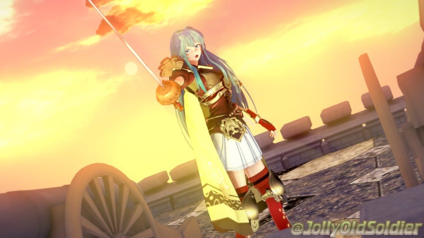 1girls 3d blue_eyes blue_hair boots cape eirika_(fire_emblem) female female_only fingerless_gloves fire_emblem fire_emblem:_the_sacred_stones gloves jollyoldsoldier long_hair nintendo open_mouth outdoors rapier solo sunset sword thigh_boots weapon wheel