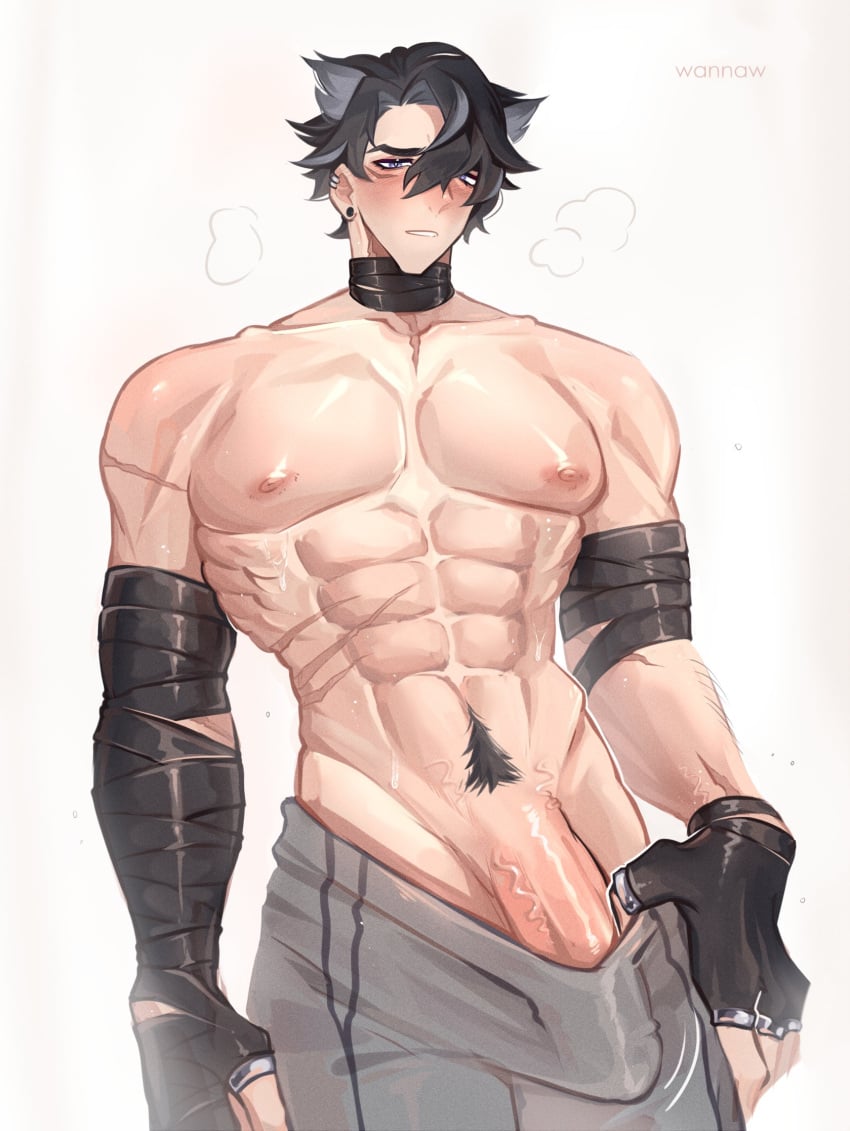 1boy abs aroused big_penis black_hair blush bulge collar ear_piercing embarrassed fingerless_gloves genshin_impact gloves grey_hair looking_at_viewer looking_down looking_down_at_viewer low-angle_view lowered_pants male male_only muscles muscular muscular_arms muscular_chest nipples pants_down pants_pull pecs pov pov_eye_contact pubes pubic_hair scar scars_all_over short_hair solo_focus standing standing_over_viewer steam sweatpants topless two_tone_hair wanwan_nsfw wrapped_arms wrapped_hands wraps wriothesley_(genshin_impact)