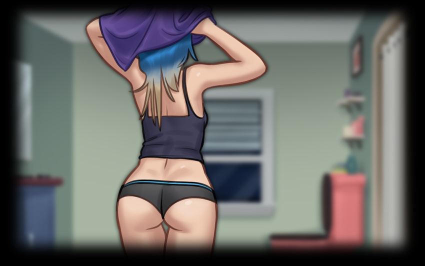 1girls 2d after_shower ass bathroom black_border blue_hair bottomwear clothing darkcookie digital_drawing_(artwork) digital_media_(artwork) drying drying_hair eve_(summertime_saga) female female_only light-skinned_female light_skin long_hair panties room shirt solo solo_focus summertime_saga tank_top teenage_girl teenager topwear towel two_tone_hair underwear