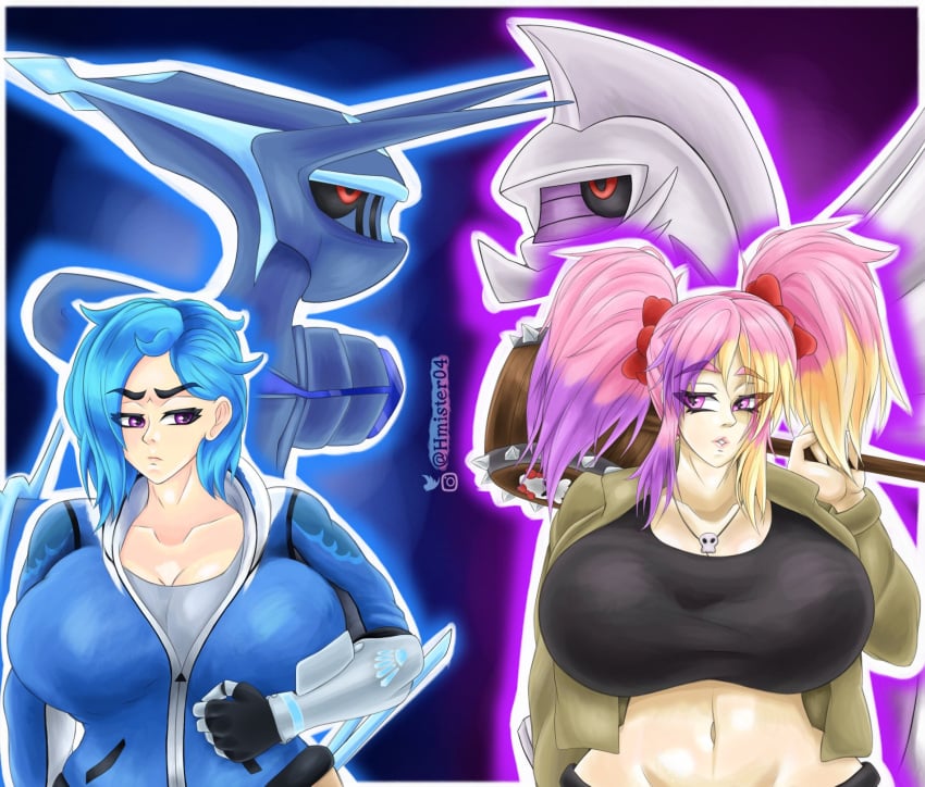 2girls blue_hair dialga dialga_(origin_form) female_only glitch_productions hair_ribbon hmister04 huge_breasts meta_runner multicolored_hair palkia palkia_(origin_form) pink_hair pokemon pokemon_(species) saiko_bichitaru_(smg4) smg4 tari_(smg4) twintails