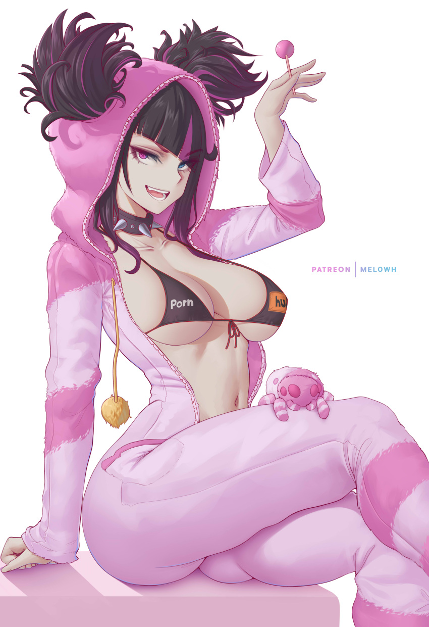 1girls alternate_version_available bikini black_bikini black_hair breasts capcom female female_only hoodie huge_breasts juri_han large_breasts light-skinned_female light_skin melowh pajamas pornhub pornhub_bra purple_eyes solo street_fighter street_fighter_6 thighs