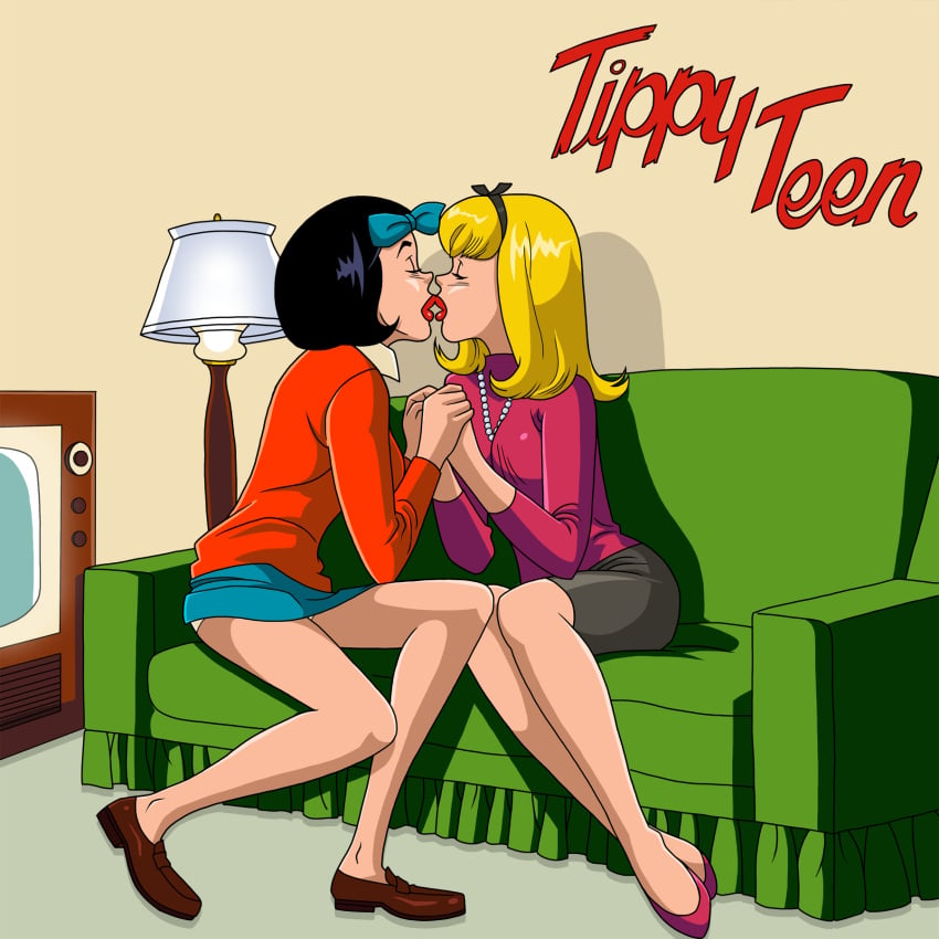 black_hair blonde_hair closed_eyes glee-chan go-go_west green_couch hairbow holding_hands kissing lesbian_kiss loafers on_couch panty_peek red_sweater skirt_up tippy_(tippy_teen) tippy_teen tower_comics yuri