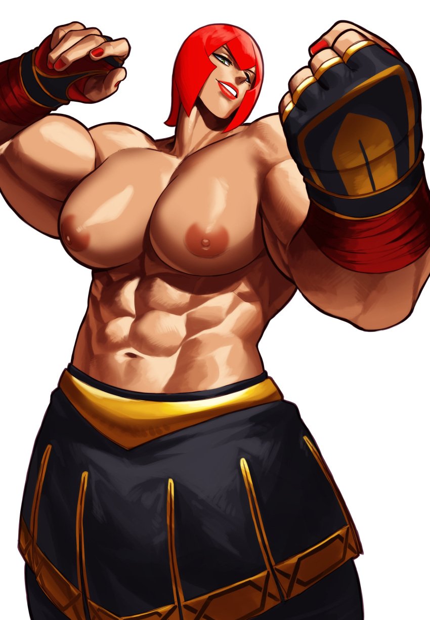 1girls abs absurd_res biceps breasts extreme_muscles female female_only fingerless_gloves flexing green_eyes hi_res huge_breasts lipstick looking_at_viewer marisa_rossetti muscular muscular_female nail_polish navel red_hair red_lipstick red_nails scotchmo simple_background smile solo_female sotcho street_fighter street_fighter_6 topless white_background