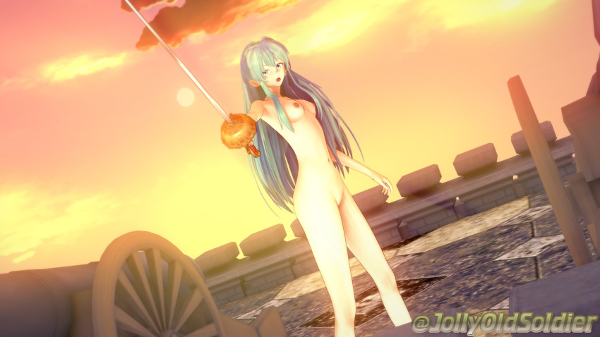 1girls 3d blue_eyes blue_hair breasts eirika_(fire_emblem) female female_only fire_emblem fire_emblem:_the_sacred_stones jollyoldsoldier long_hair navel nintendo nipples nude nude_female open_mouth outdoors pussy rapier solo sunset sword weapon wheel