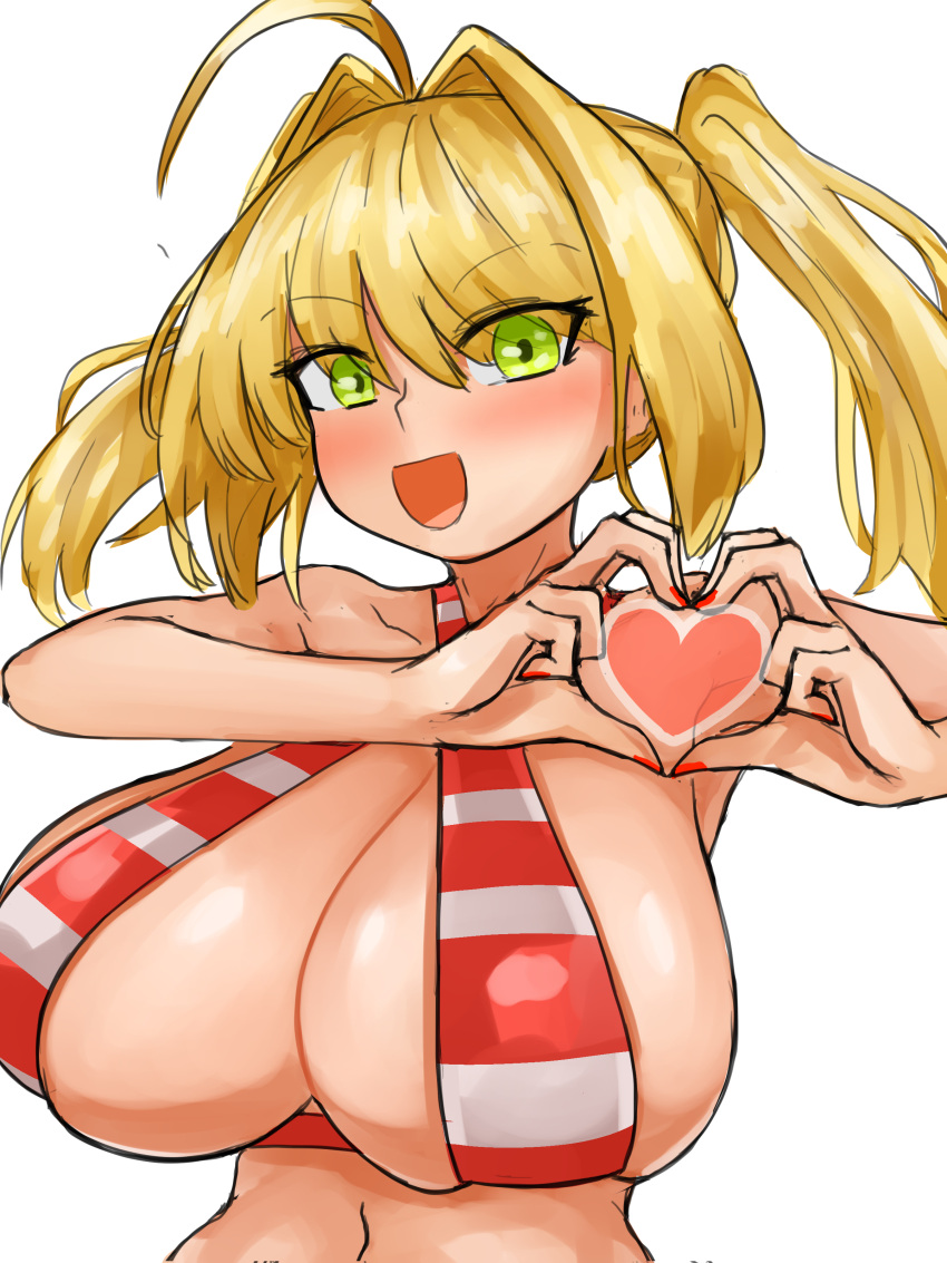 ahoge bikini blonde_hair breasts fate/extra fate/grand_order fate_(series) green_eyes hair_intakes heart heart_hands huge_breasts nero_claudius_(fate) nero_claudius_(swimsuit_caster) open_mouth shortstack smile steamingtofu swimsuit twintails