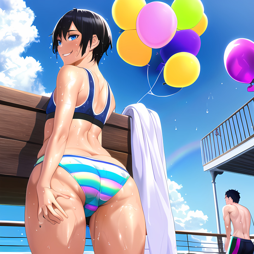 1boy ai_generated ass ass_focus beach big_ass big_butt black_hair blue_eyes bulge femboy girly male male_only novelai ocean pier pov shorts smile smiling smiling_at_viewer striped_panties wet wet_clothes