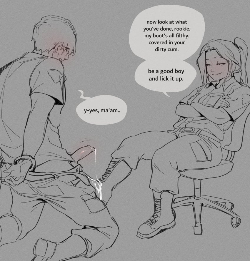 1boy 1girls 2023 arms_behind_back arms_crossed bootjob capcom cum cum_drip cum_on_boots cum_on_shoes dialogue dominant_female dommy_mommy english_text female femdom glacierclear grey_background handcuffed handcuffs kneeling leon_scott_kennedy long_hair male mod_(glacierclear) monochrome narrowed_eyes pants_down penis ponytail resident_evil resident_evil_4 resident_evil_4_remake sitting smile smug speech_bubble teeth_clenched very_high_resolution