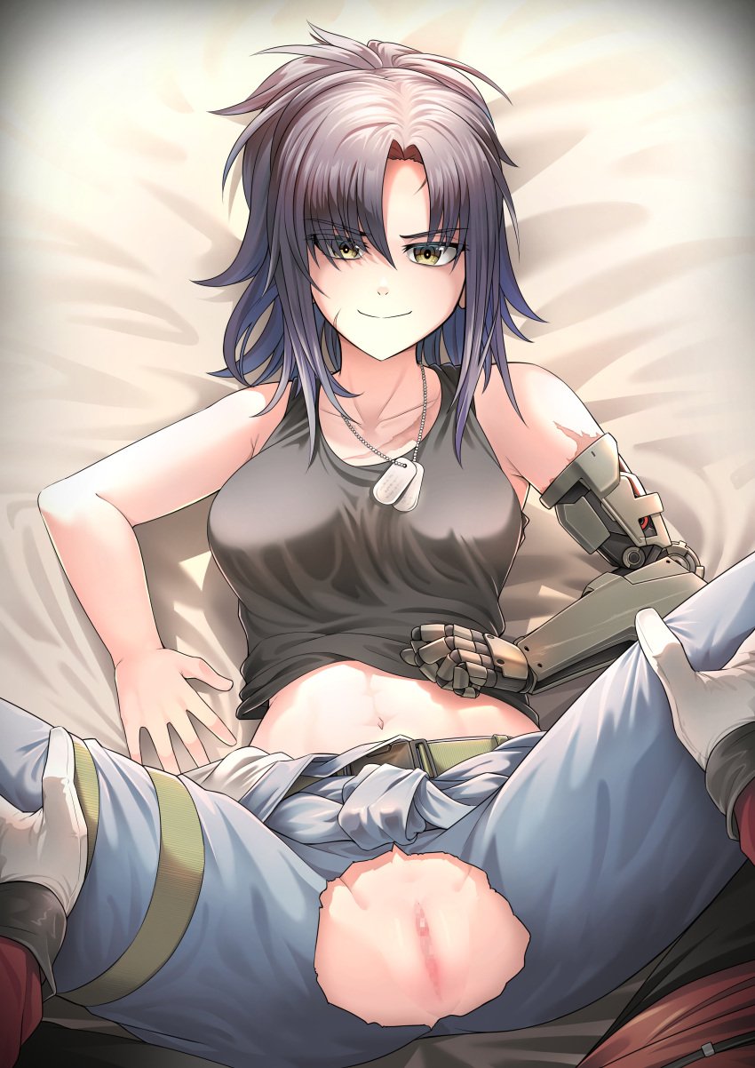 angelia_(girls'_frontline) dog_tags girls'_frontline no_panties prosthetic_arm robotic_arm senpaihawkkun spreading_legs torn_clothes