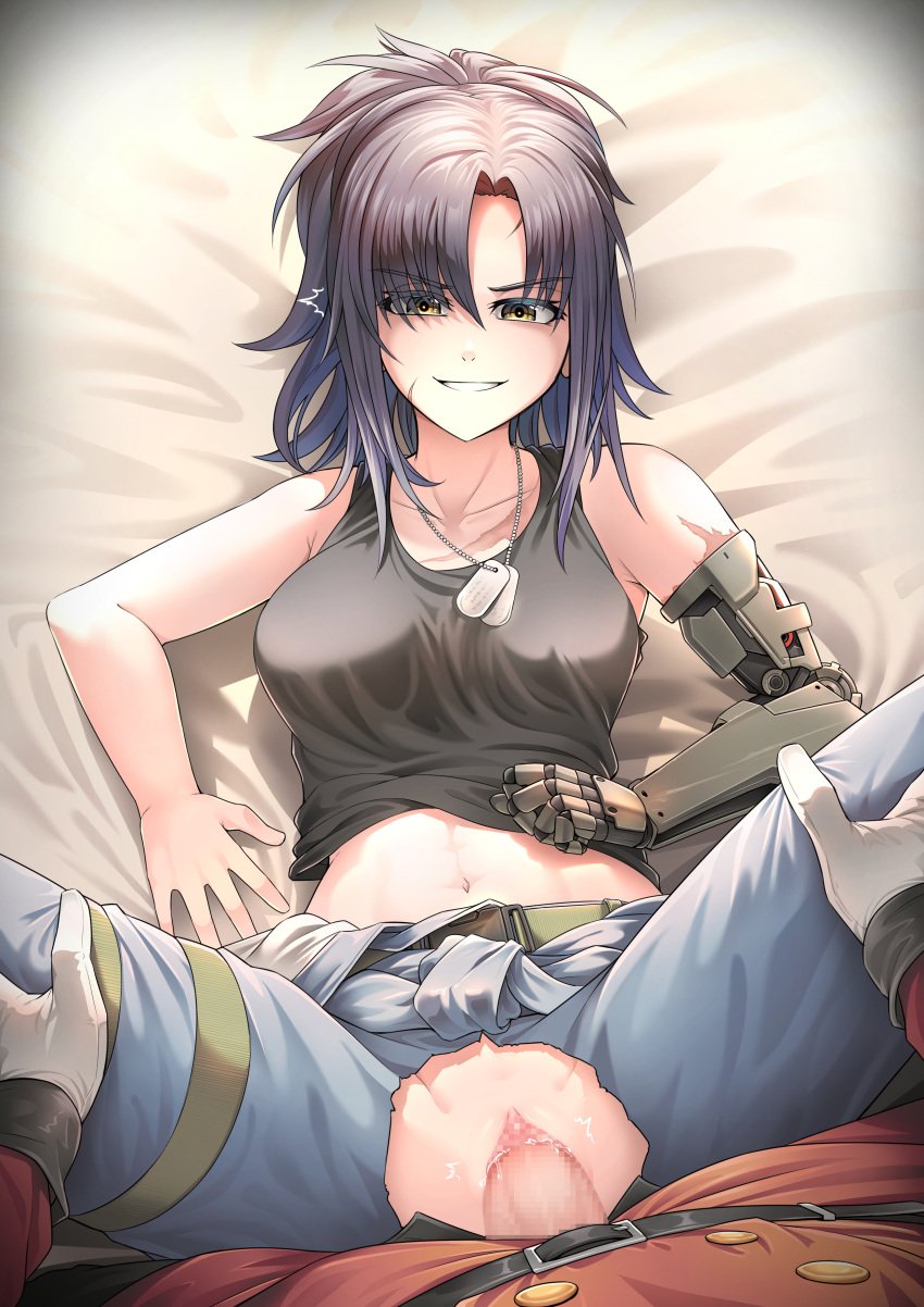 angelia_(girls'_frontline) censored clothed_sex dog_tags girls'_frontline missionary_position no_panties penis_in_pussy prosthetic_arm robotic_arm senpaihawkkun spreading_legs torn_clothes vaginal_penetration