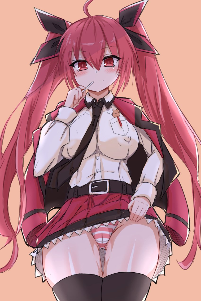 1girls ahoge alternate_breast_size blush clothed clothing date_a_live female female_only hair_ribbon itsuka_kotori large_breasts looking_at_viewer nipple_bulge nipples_visible_through_clothing panties partially_visible_vulva red_eyes red_hair skirt_lift smile solo striped_panties thick_thighs thighhighs tied_hair twintails voldred2525