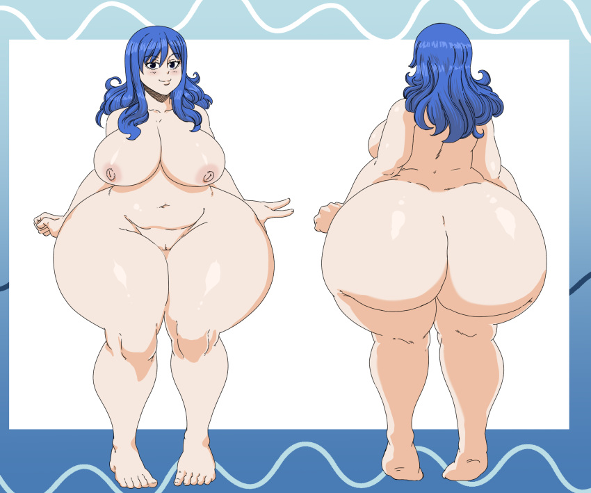 1girls ass ass_bigger_than_head back_view big_breasts blue_eyes blue_hair breasts bubble_butt character_sheet chubby completely_nude completely_nude_female fairy_tail female female_focus female_only front_view full_body gigantic_ass huge_ass juvia_lockser naked naked_female nipples nude nude_female pussy simple_background smiling solo solo_female thick_ass thick_legs twisteddragonart wide_hips