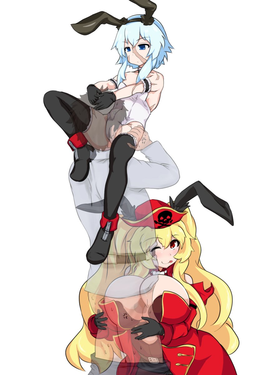 2girls animal_ears anne_bonny_(fate) blonde_hair breasts fate/grand_order fate_(series) fujimaru_ritsuka_(male) hat highres isemagu large_breasts long_hair mary_read_(fate) masturbation masturbation_through_clothes multiple_girls scar scar_on_face short_hair