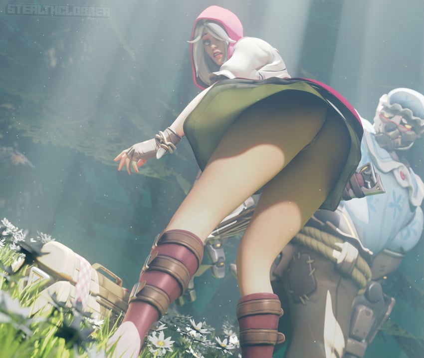 1boy 1girls 3d ashe_(overwatch) ass bending_over big_bad_bob big_bad_wolf_(cosplay) bob_(overwatch) fingerless_gloves little_red_ashe little_red_riding_hood_(cosplay) looking_back no_panties overwatch picnic_basket pussy stealthclobber upskirt white_hair