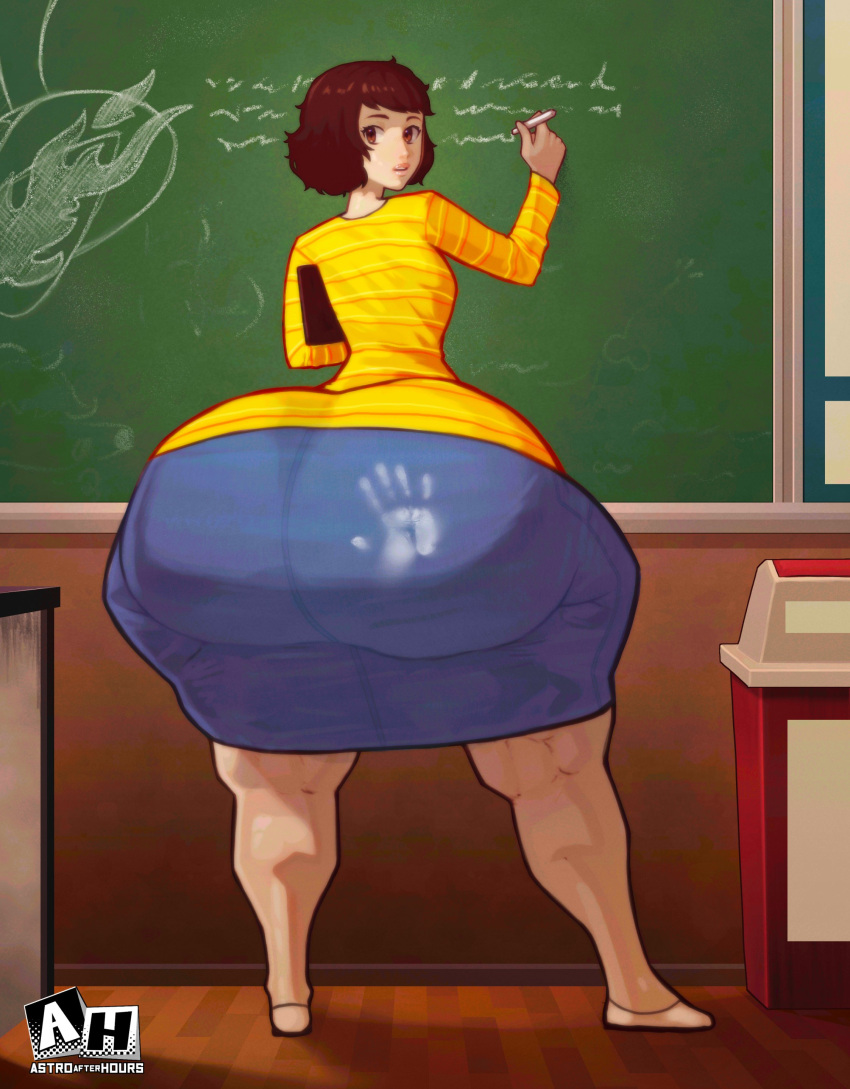 1girls ass ass_in_dress big_ass bottom_heavy brown_hair bubble_butt chalk chalkboard classroom clothing fat_ass female female_only handprint handprint_on_ass huge_ass ignantastro indoors large_ass looking_at_viewer looking_back pawg persona persona_5 sadayo_kawakami shoes skirt solo sweater teacher thick_ass thick_thighs thunder_thighs wide_hips