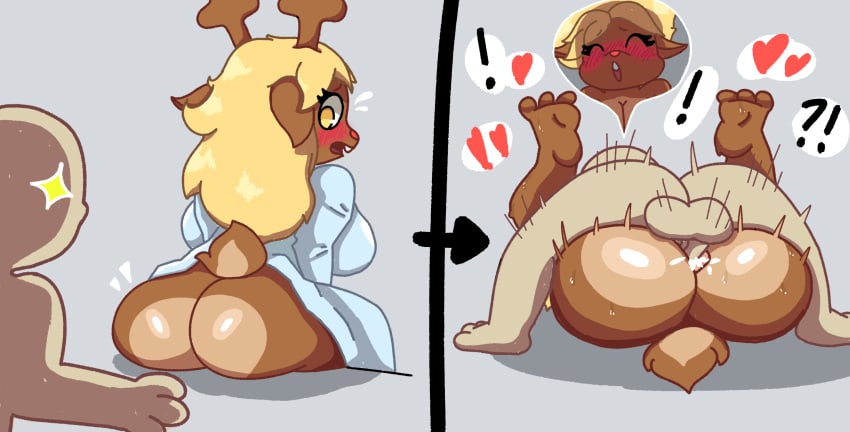 anthro ass blonde_hair bottomless bottomless_skirt brown_fur deer deer_girl deltarune deltarune_chapter_2 doe eyelashes female female_anthro fur furry glazedbun huge_ass long_hair lying lying_on_back male male_on_anthro mating_press noelle_holiday orange_eyes sweat sweating sweaty_butt upskirt