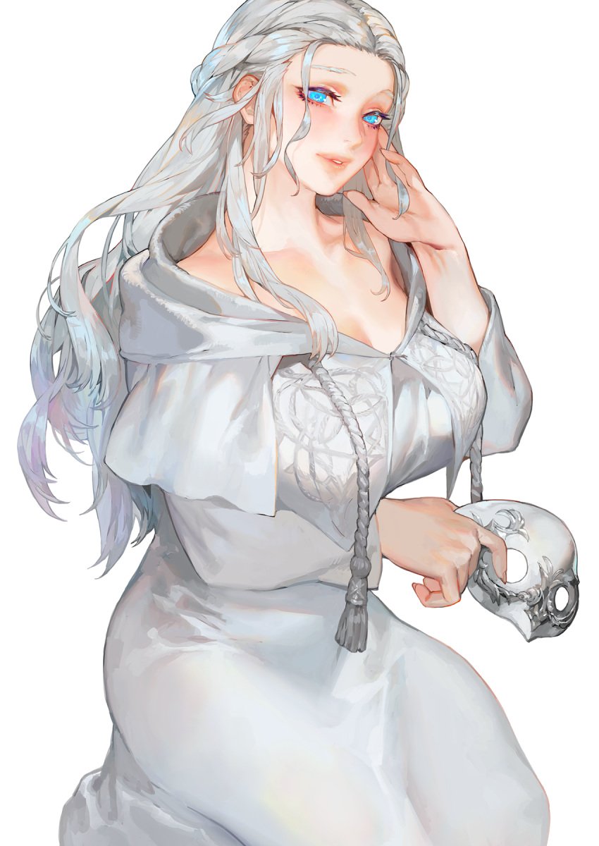 1girls aoin big_ass big_breasts blue_eyes blush breasts child_bearing_hips cleavage fanbox_reward female female_focus female_only final_fantasy final_fantasy_xiv hand_on_own_face high_resolution highres large_breasts long_hair looking_at_viewer mature_female metal milf rope solo solo_female solo_focus thick_thighs thighs venat_(ffxiv) white_background white_dress white_hair white_hair_female