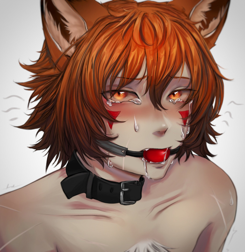 1boy aiko.rin ball_gag biting boyfriend_to_death chest_tuft collar edging fangs feminine_male fox_boy fox_ear fox_humanoid gag gagged headshot_portrait male_focus male_only pov pov_eye_contact red_hair ren_hana solo_male submissive_male tears twink white_chest_tuft