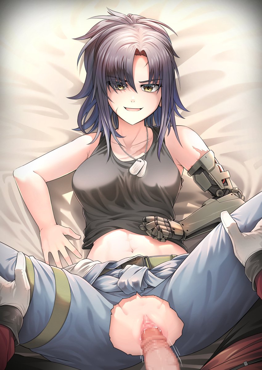 angelia_(girls'_frontline) censored dog_tags girls'_frontline imminent_sex imminent_vaginal just_the_tip missionary_position no_panties prosthetic_arm robotic_arm senpaihawkkun spreading_legs torn_clothes vaginal_penetration