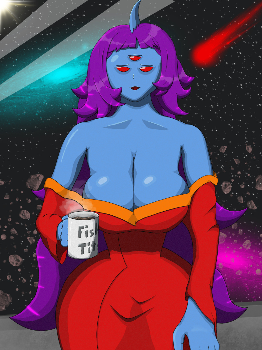 1girls 3_eyes alien alien_girl alien_humanoid bare_shoulders big_breasts blue_skin breasts bright_colors cel_shading cleavage coffee coffee_mug epic_omi female female_only fin girly hylotl kimono large_breasts looking_at_viewer loose_clothes morning multi_eye natural_breasts purple_hair red_clothing red_eyes shiny_skin smooth_skin space starbound tired tired_eyes top_heavy