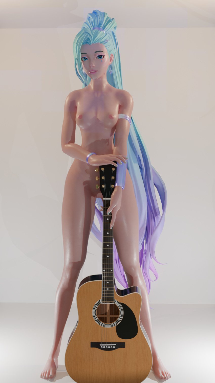 3d acoustic_guitar blue_eyes blue_hair breasts holding_object league_of_legends looking_at_viewer nude otaviox6 seraphine_(league_of_legends) solo_female