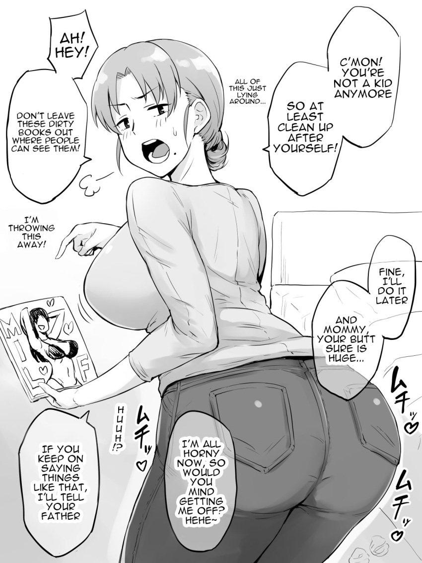 1girls angry ass big_ass big_breasts blush blush_lines breasts clothed clothing denim english_text fully_clothed gagarin_kichi incest jeans looking_at_viewer looking_back milf mole mole_under_mouth mother porn_magazine sweatdrop tagme text