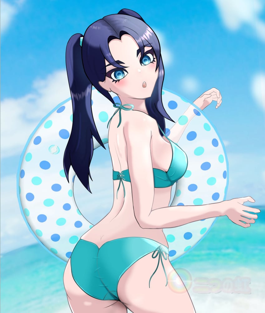 ass bikini black_hair blue_bikini blue_eyes cute fortnite hair light_blue_bikini looking_at_viewer sideboob twintails white_skin zoe_clash_(fortnite)