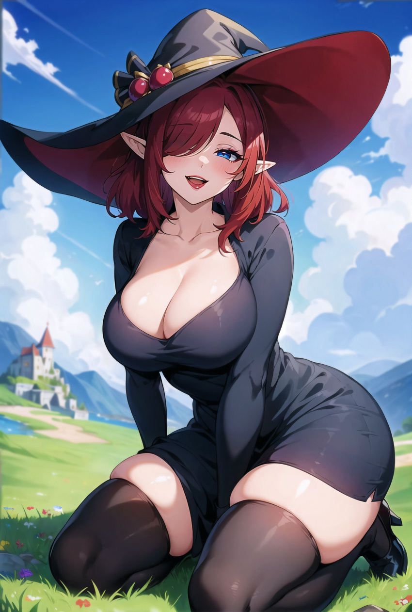 1girls ai_generated blue_eyes breasts cleavage elf elf_ears elf_female female hair_over_one_eye hat hi_res huge_breasts light-skinned_female light_skin long_hair original original_character pointy_ears red_hair stable_diffusion stuffyai thick_thighs witch witch_costume witch_hat