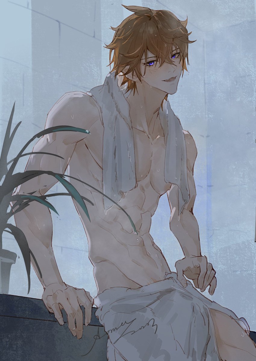 1boy abs aoma_xzxx bulge childe_(genshin_impact) genshin_impact half_naked male_only muscular_male solo_focus tartaglia_(genshin_impact) wet_body