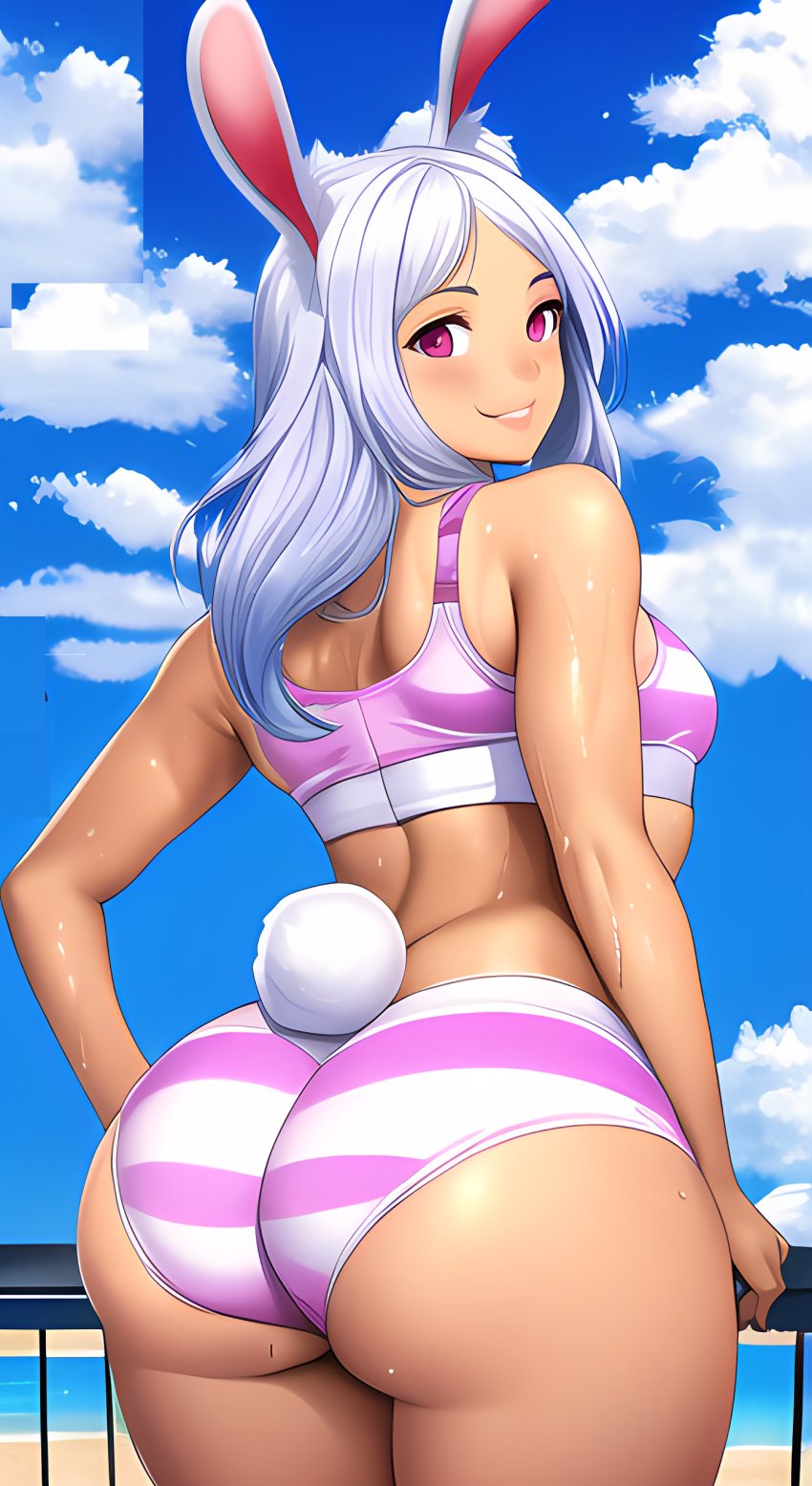 1girls ai_generated ass ass_focus beach big_ass big_butt curvaceous curvy curvy_female curvy_figure from_behind huge_ass long_hair novelai ocean pier rabbit_ears rabbit_tail red_eyes smile smiling smiling_at_viewer sports_bra striped_panties tan_skin white_hair