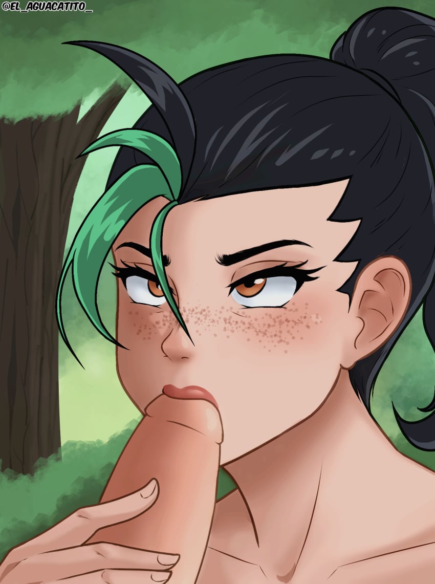 1boy 1girls aguacate_paltastico big_penis black_hair el_aguacatito elaguacatitoart female forest forest_background green_hair human male nemona_(pokemon) orange_eyes penis pokemon pokemon_sv sucking unseen_male_face