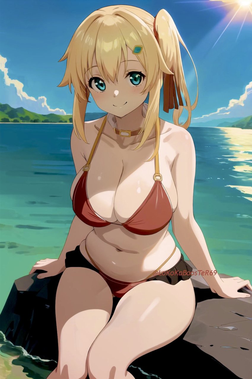 1girls ai_generated arm_support beach big_breasts bikini blonde_hair busty cleavage emma_brightness green_eyes legs lokokabooster69 navel ocean pointy_chin side_ponytail sitting smile the_hidden_dungeon_only_i_can_enter thighs voluptuous water