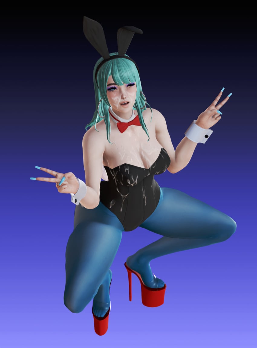 3d 3d_(artwork) bimbo blue_pantyhose bulma_(bunny) bulma_briefs bunny_ears bunnysuit cuffs cum cum_on_body cum_on_breasts cum_on_face dragon_ball dragon_ball_(classic) green_hair high_heels honey_select hoop_earrings ihateasuka long_nails makeup pantyhose peace_sign platform_heels red_heels red_high_heels red_shoes ring simple_background squat squatting studio_neo thick_eyebrows wink winking_at_viewer