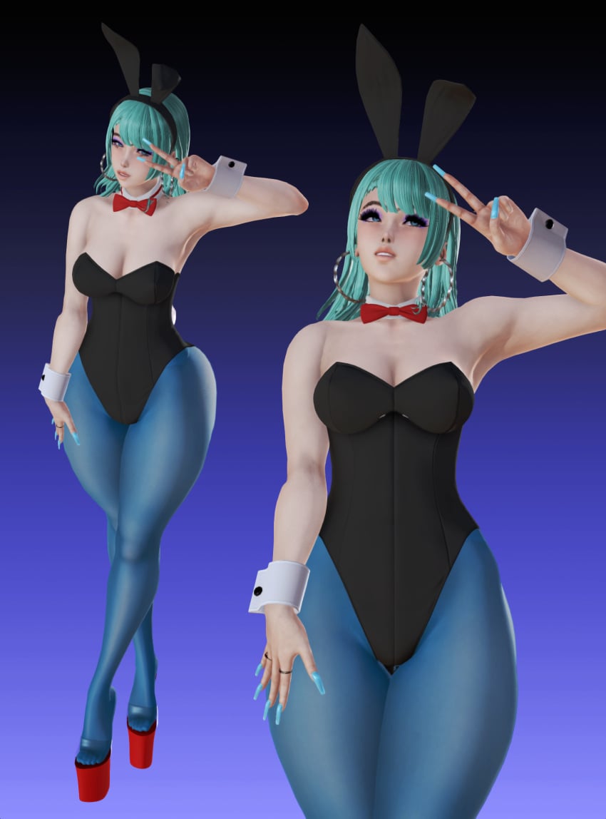 3d 3d_(artwork) armpits bimbo blue_pantyhose bulma_(bunny) bulma_briefs bunny_ears bunnysuit crossed_legs cuffs cum cum_on_body cum_on_breasts cum_on_face dragon_ball dragon_ball_(classic) green_hair high_heels honey_select hoop_earrings ihateasuka long_nails makeup pantyhose peace_sign platform_heels red_heels red_high_heels red_shoes ring simple_background studio_neo thick_eyebrows