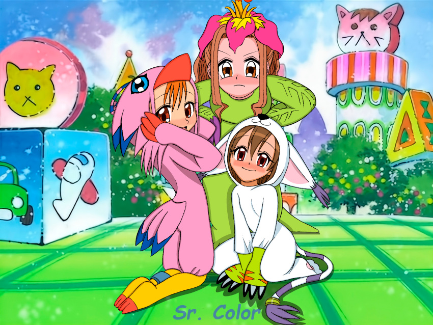 3girls biyomon biyomon_(cosplay) blush cosplay digimon digimon_(cosplay) female female_only gatomon gatomon_(cosplay) hikari_yagami human mimi_tachikawa onesie palmon palmon_(cosplay) sora_takenouchi sr_color tailmon tailmon_(cosplay)