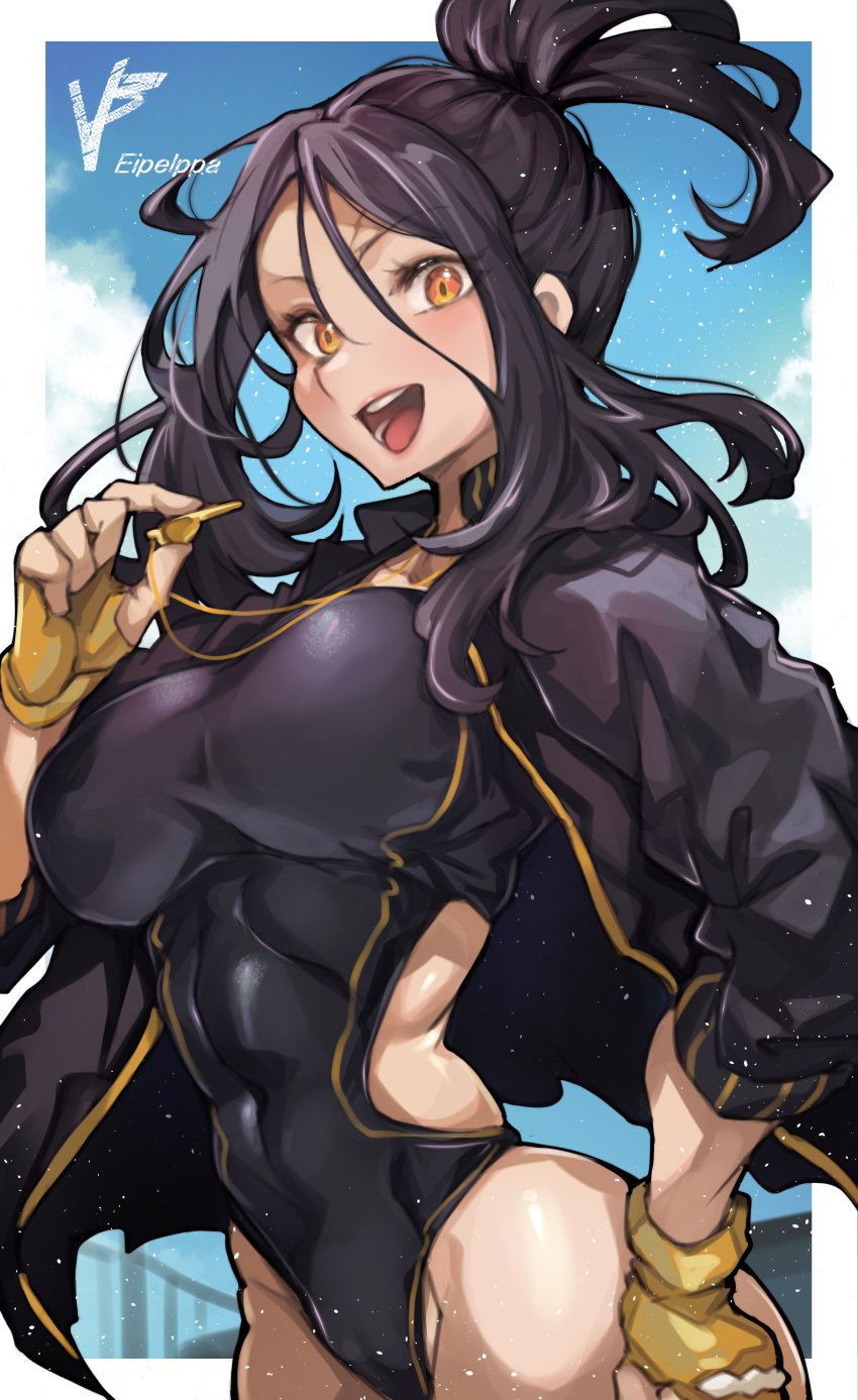 1girls amber_eyes big_breasts black_clothing black_hair breasts clothed clothed_female clothing dendra_(pokemon) eipelppa female female_only fingerless_gloves game_freak gloves iepelppa iparuputsua ipelppa jacket looking_at_viewer navel navel_visible_through_clothes nintendo one-piece_swimsuit pokemon pokemon_sv ponytail skin_tight solo swimsuit thick_thighs whistle whistle_(object) whistle_around_neck wide_hips