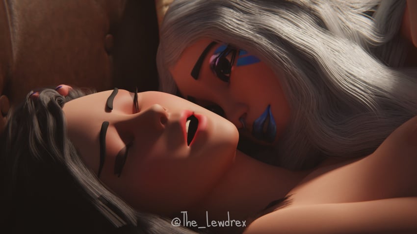 2girls 3d alternate_version_available areolae ark_(fortnite) black_hair blender blue_lipstick blue_makeup bottomless breasts close-up closed_eyes completely_nude completely_nude_female couch couch_sex duo epic_games female female_focus female_on_top female_only fingering fingering_partner fortnite high_heels highres laying_down laying_on_back laying_on_couch legs_up lesbian_sex lewdrex light-skinned_female light_skin lipstick long_hair looking_at_partner looking_pleasured makeup medium_breasts nipples nude nude_female on_couch on_top pleasure_face rox_(fortnite) sex shoes side_view thick_thighs topless watermark white_hair yuri