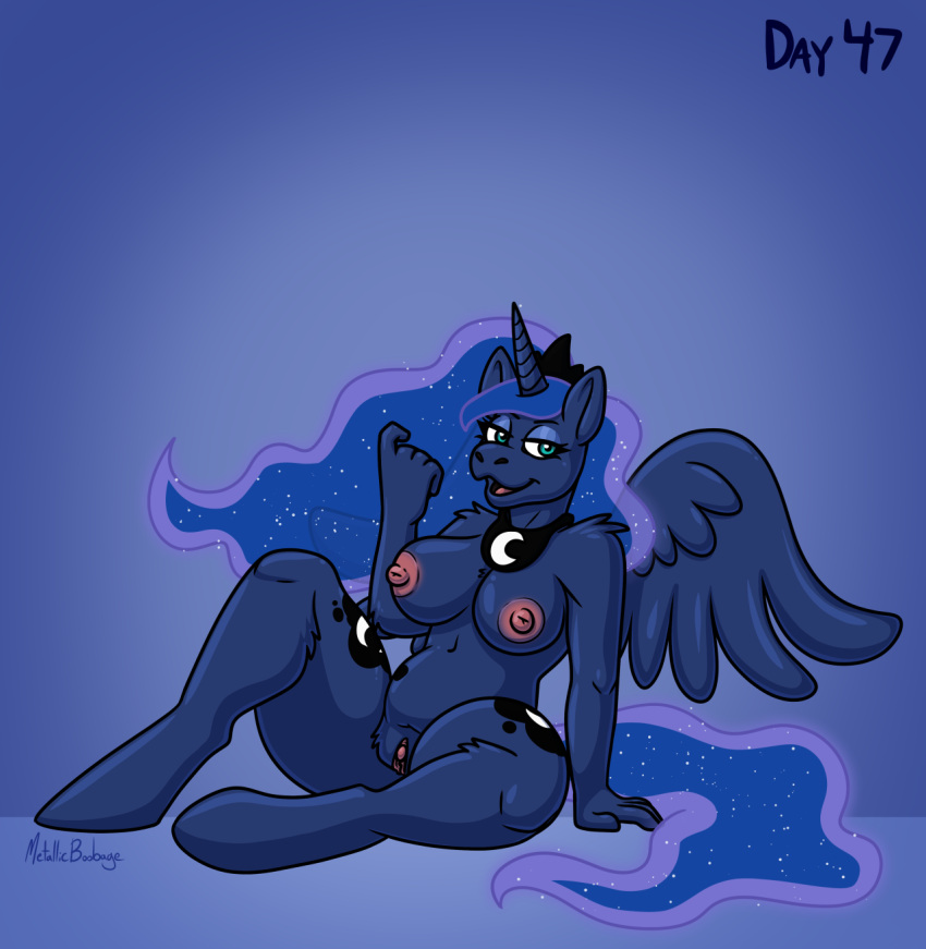 2023 after_transformation alicorn anthro areola bedroom_eyes blue_background blue_body blue_eyeshadow blue_feathers blue_fur blue_hair blue_tail breasts choker clitoris crown cutie_mark digital_media_(artwork) equid equine eyeshadow feathered_wings feathers female friendship_is_magic fur genitals hair hasbro headgear hi_res horn jewelry leg_tuft makeup mammal metallicboobage my_little_pony narrowed_eyes necklace nipples nude pose princess_luna_(mlp) pussy seductive shouder_tuft signature simple_background sitting solo tail tuft wings