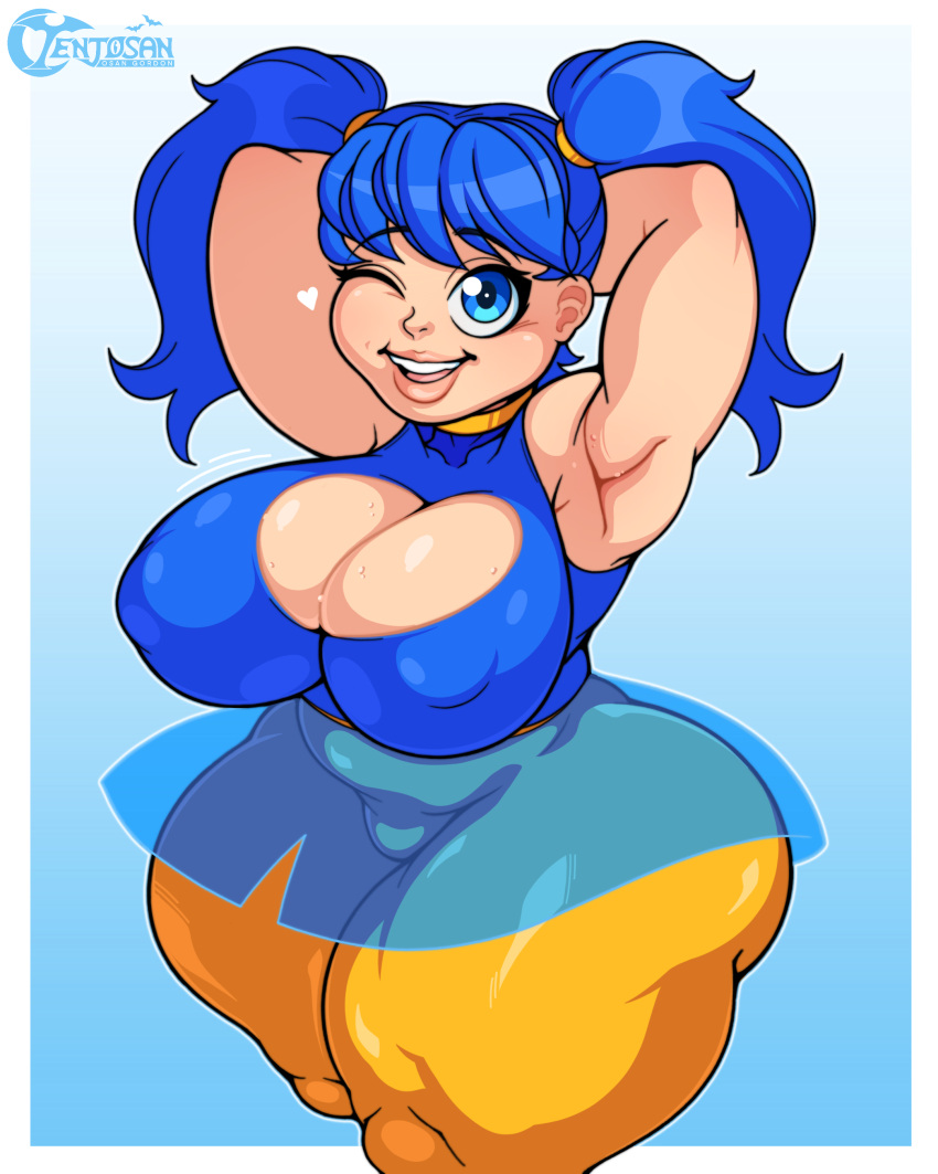 armpits arms_behind_head arms_up big_breasts blue_eyes blue_hair breast_window breasts breasts cameltoe huge_breasts shortstack sweat tenjosan thick_thighs twintails wink