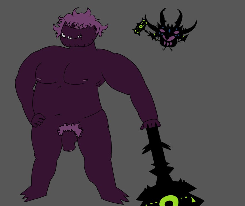 casual_nudity completely_nude cyclops demon flaccid full_body general_kuwagattan hammer leaning_on_object male male_only messy_hair overweight_male patapon patapon_2 pecs pubic_hair purple_eyes purple_hair purple_skin solo tagme