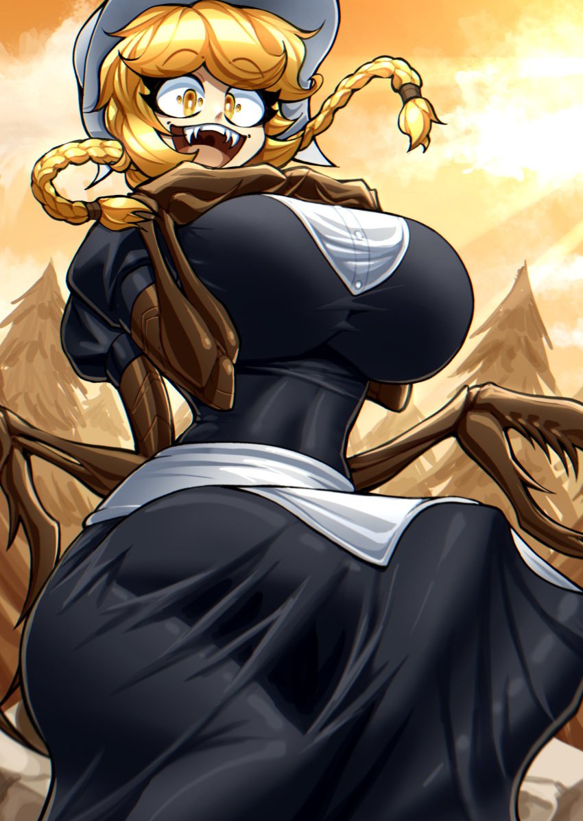 1girls 4_arms apron arachnid arachnid_humanoid black_dress blonde_hair blonde_hair_female braids claw claws cliffside clothed clothing cordie detailed_background fangs forest forest_background hat headwear hi_res insect insect_girl insect_humanoid light-skinned light-skinned_female light_skin looking_at_viewer low-angle_view maid_outfit multi_pupil open_mouth pupils sharp_claws sharp_teeth smile solo solo_female spider spider_humanoid tagme white_apron wide_open_mouth yellow_hair yellow_pupils zzzhodazzz