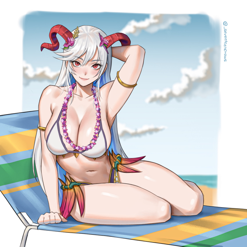 1girls absurdres alternate_costume arm_support arm_up armlet armpit_crease armpits bare_arms beach beach_chair bikini blue_hair blue_sky blurry blurry_background blush breasts cleavage closed_mouth cloud cloudy_sky collarbone colored_inner_hair commentary commission curled_horns english_commentary eyelashes female female_only fire_emblem fire_emblem_heroes flower flower_necklace freyja_(fire_emblem) freyja_(summer)_(fire_emblem) goat_horns gold_trim grey_hair hair_between_eyes hair_flower hair_ornament highres horns large_breasts long_hair looking_at_viewer multicolored_hair navel nintendo ocean official_alternate_costume on_chair outdoors pink_flower purple_flower red_eyes red_horns seventeencrows shadow sidelocks sitting sky smile solo stomach swimsuit thighs twitter_username very_long_hair white_bikini white_hair white_swimsuit